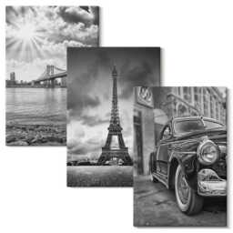 Canvas Art Set Of 3 - City Views, Bridges, Eiffel Tower, Classic Car, Black & White Wall Large, Travels Decor - thumbnail 2