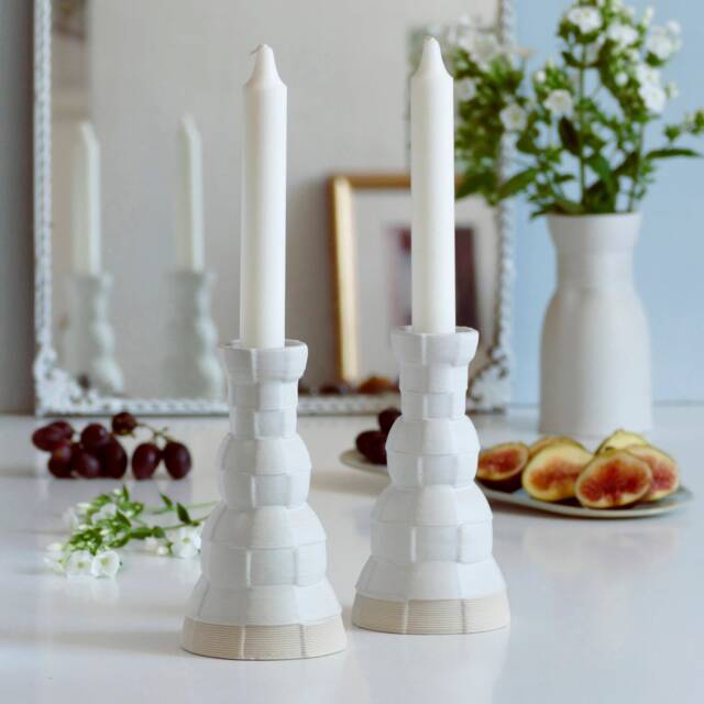 3D Printed Shabbat Candlesticks, Checkered Ceramic Candleholders, Pop Style - image 1