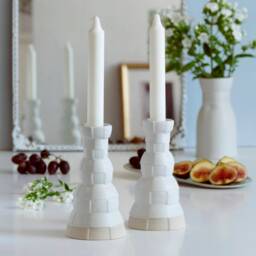 3D Printed Shabbat Candlesticks, Checkered Ceramic Candleholders, Pop Style - thumbnail 1