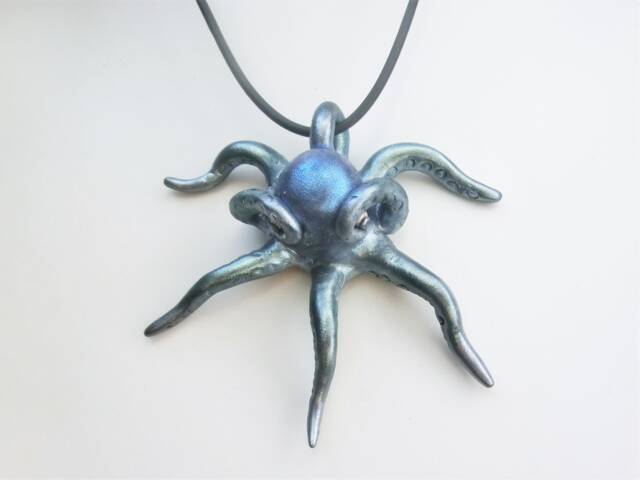 Sold/ Octopus Polymer Pendant/ One Arm As Eye 2 Arms Glasses /Blue Green Metal Powder/ Preliminary Study For Bronze Sculpture - image 1