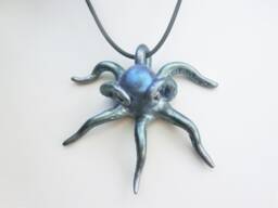 Sold/ Octopus Polymer Pendant/ One Arm As Eye 2 Arms Glasses /Blue Green Metal Powder/ Preliminary Study For Bronze Sculpture - thumbnail 1