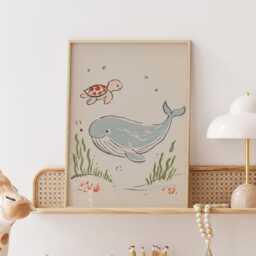 Drift Together Whale & Turtle Nursery Print Storybook Ocean Illustration For Baby Room Wall Art - thumbnail 2