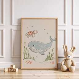Drift Together Whale & Turtle Nursery Print Storybook Ocean Illustration For Baby Room Wall Art - thumbnail 3