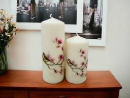 Set Of 2 Cherry Blossom & Bird Tall Pillar Candles, Pink Flower Themed Candle Gift Set, Home Decorations - thumbnail 1