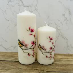 Set Of 2 Cherry Blossom & Bird Tall Pillar Candles, Pink Flower Themed Candle Gift Set, Home Decorations - thumbnail 3