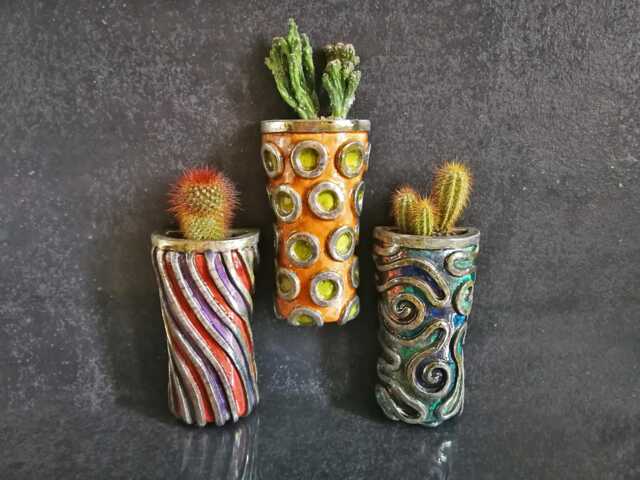 Raku Wall Planters - Set Of 3 Hanging Ceramic Vases - Succulent & Cactus Decor Handmade in Italy - image 1