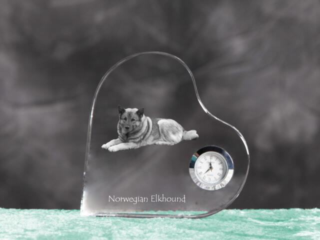 Norwegian Elkhound - Crystal Clock in The Shape Of A Heart With Image Pure-Bred Dog - image 1
