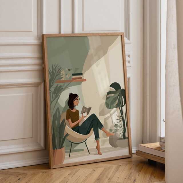 Bookish Wall Art - Woman Sat Reading Print Book Lover Poster Botanical Scandinavian - image 1