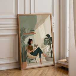 Bookish Wall Art - Woman Sat Reading Print Book Lover Poster Botanical Scandinavian - thumbnail 1