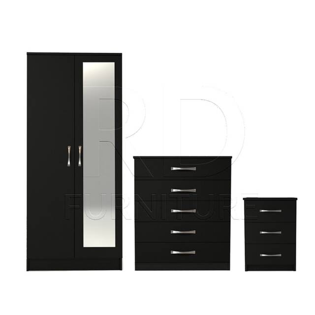 Bedroom Set, Black Set, Wardrobe, Mirrored Chest Of Drawers & Bedside Table. Ready Assembled - image 1