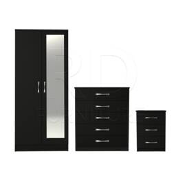 Bedroom Set, Black Set, Wardrobe, Mirrored Chest Of Drawers & Bedside Table. Ready Assembled - thumbnail 1