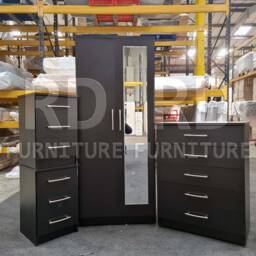 Bedroom Set, Black Set, Wardrobe, Mirrored Chest Of Drawers & Bedside Table. Ready Assembled - thumbnail 2