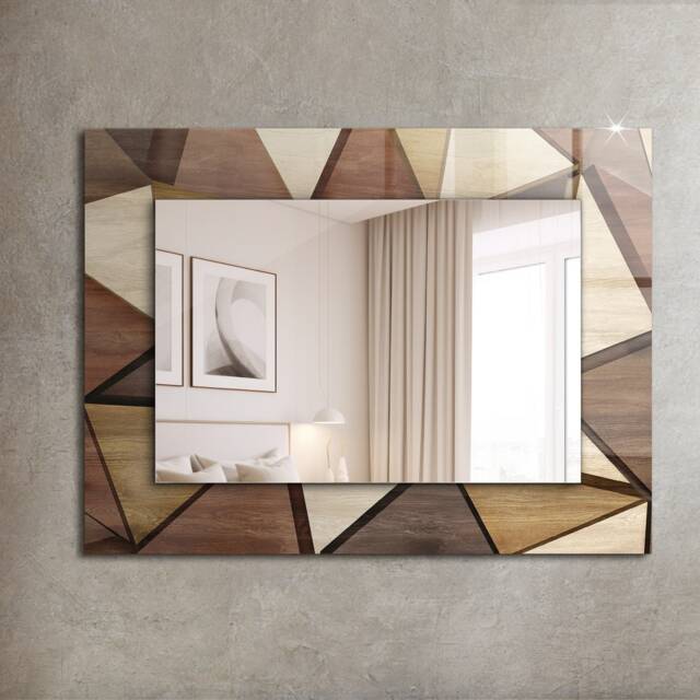 Wooden Geometric Patterns Mirror, Rectangular Mirror With Frame, Brown Wall Printed Decorative Bathroom - image 1