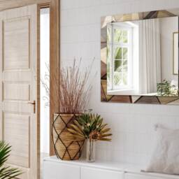 Wooden Geometric Patterns Mirror, Rectangular Mirror With Frame, Brown Wall Printed Decorative Bathroom - thumbnail 3