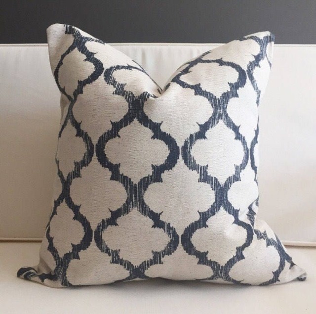 Navy Ikat Pillow Cover, Blue Cream Cotton Hudson - image 1
