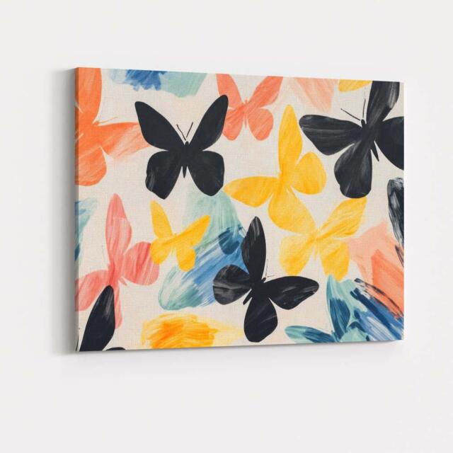 Pastel Multicoloured Butterfly Silhouette Abstract Pattern Canvas Wall Art Print Decor Picture Ready To Hang - image 1