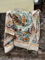 Hand Stitched Suzani Quilt - Embroidered Cotton Blanket, Boho Chic Bedding Cover - thumbnail 1