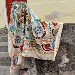 Hand Stitched Suzani Quilt - Embroidered Cotton Blanket, Boho Chic Bedding Cover - thumbnail 4