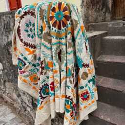 Hand Stitched Suzani Quilt - Embroidered Cotton Blanket, Boho Chic Bedding Cover - thumbnail 3