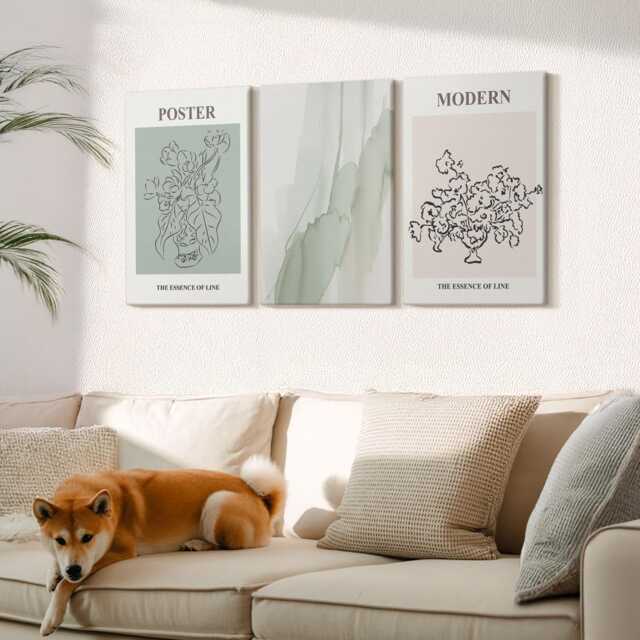 Canvas Set Of 3 Wall Art - Flowers in A Vase Modern & Minimalist Style, Green Canvas, Plants Hanging Piece - image 1