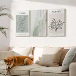 Canvas Set Of 3 Wall Art - Flowers in A Vase Modern & Minimalist Style, Green Canvas, Plants Hanging Piece - thumbnail 1
