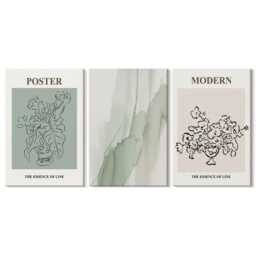 Canvas Set Of 3 Wall Art - Flowers in A Vase Modern & Minimalist Style, Green Canvas, Plants Hanging Piece - thumbnail 2