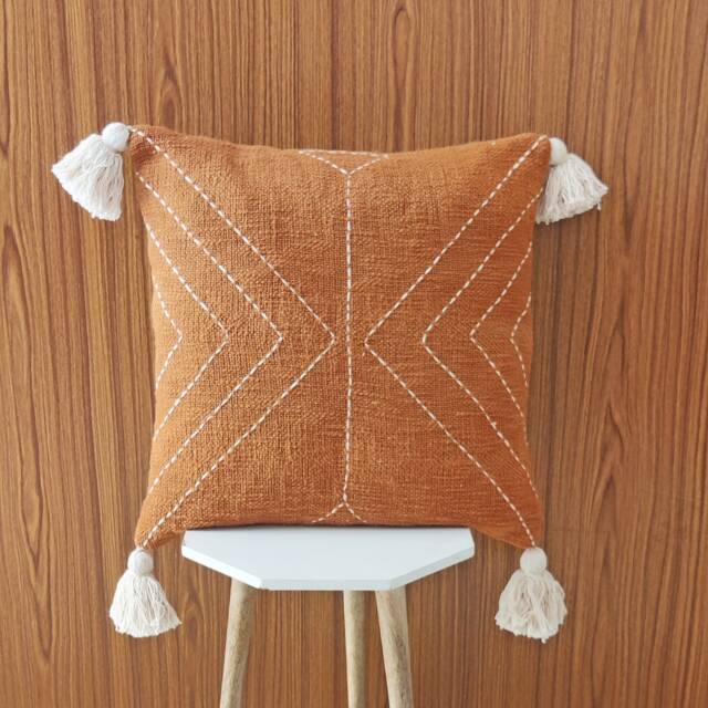 Rust Orange Boho Throw Pillow Cover Handmade Indian Cotton, 16x16 - image 1