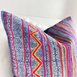 Hmong Pillow Cover. Hand Block Print Fabric. Patch Work. Vintage Textile. Cushion Cover - thumbnail 3