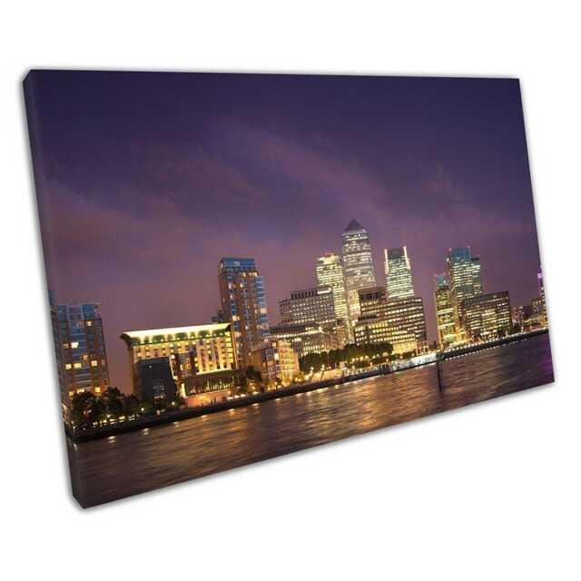 London Skyline Night Art Print Canary Wharf & River Thames - Ready To Hang Home Office Decor - image 1