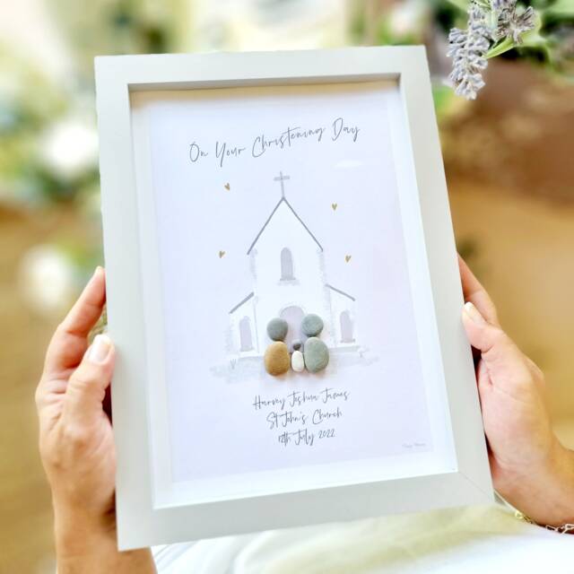 Personalised Christening Pebble Picture - Framed Art Gifts Gift For A Girl Boy Day