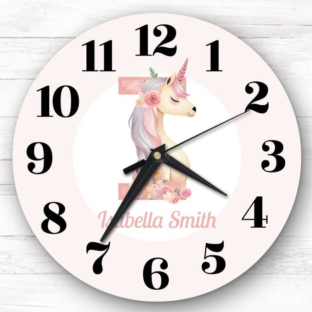 Pink Unicorn Alphabet Letter I Personalised Gift Clock - image 1