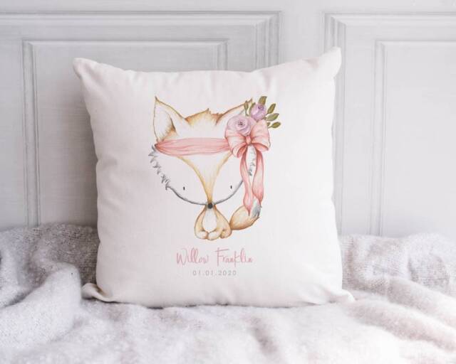 Personalised Floral Fox Cushion, Woodland Nursery Decor, Baby Girl Gift - image 1