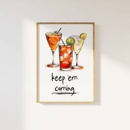 Cocktail Illustration Keep Em Coming Print - Minimalist Retro Art, Fun Kitchen Dining Room Poster Trendy Aesthetic Art - thumbnail 1
