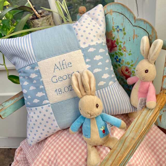 Personalised Blue Patchwork Nursery Cushion - Embroidered Name, Baby Shower Gift - image 1