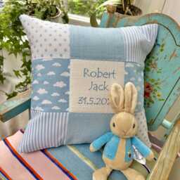 Personalised Blue Patchwork Nursery Cushion - Embroidered Name, Baby Shower Gift - thumbnail 3