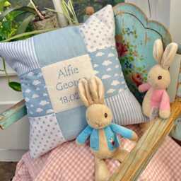 Personalised Blue Patchwork Nursery Cushion - Embroidered Name, Baby Shower Gift - thumbnail 1