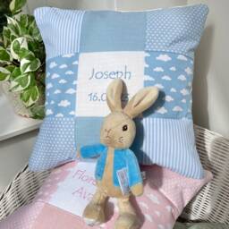 Personalised Blue Patchwork Nursery Cushion - Embroidered Name, Baby Shower Gift - thumbnail 2
