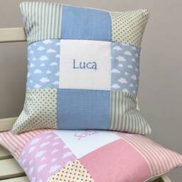Personalised Blue Patchwork Nursery Cushion - Embroidered Name, Baby Shower Gift - thumbnail 4