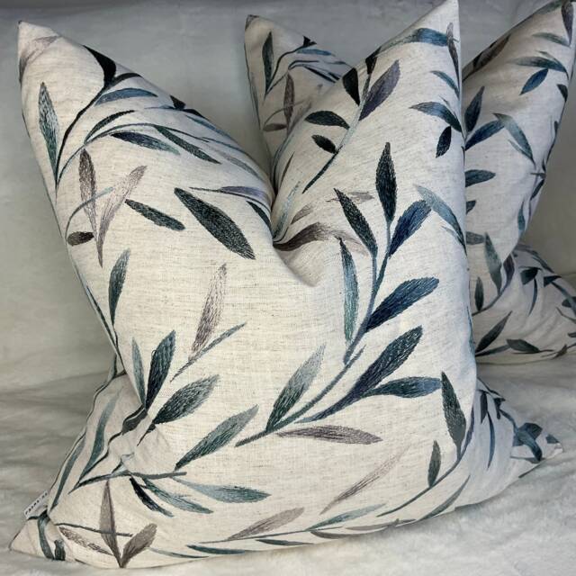 Handmade Cushion Cover, Pillow Sham , John Lewis Langley Leaf Furnishing Fabric, Evergreen Teal Embroidered Leaves Countryside Home - image 1