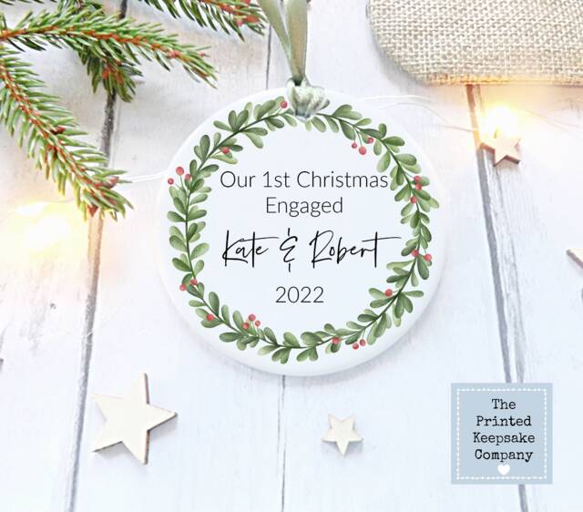1st Christmas Engaged, Couples Ceramic Hanging Decoration Personalised , Free Giftbag - image 1