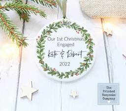 1st Christmas Engaged, Couples Ceramic Hanging Decoration Personalised , Free Giftbag - thumbnail 1