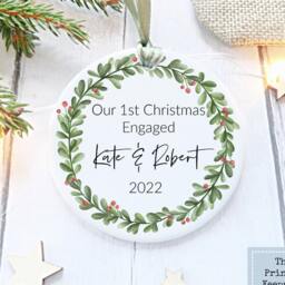 1st Christmas Engaged, Couples Ceramic Hanging Decoration Personalised , Free Giftbag - thumbnail 3