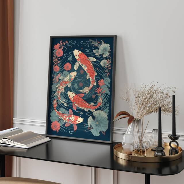 Vibrant Koi Fish Lotus Wall Art Print Japanese Pond Botanical Home Decor Illustration Style - image 1