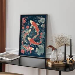 Vibrant Koi Fish Lotus Wall Art Print Japanese Pond Botanical Home Decor Illustration Style - thumbnail 1