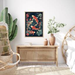 Vibrant Koi Fish Lotus Wall Art Print Japanese Pond Botanical Home Decor Illustration Style - thumbnail 3