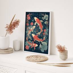 Vibrant Koi Fish Lotus Wall Art Print Japanese Pond Botanical Home Decor Illustration Style - thumbnail 2