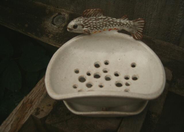 Soap Dish & Saucer, Drainer, Decorated With A Fish, Hand Thrown Stoneware 12.5cmx10.5cm