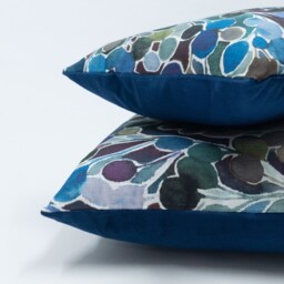 Folio Natural Leaf Print Extra-Large Cushion in Navy Blue. Watercolour Indigo & Teal Blue Leaves. 23X23 - thumbnail 2
