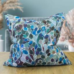 Folio Natural Leaf Print Extra-Large Cushion in Navy Blue. Watercolour Indigo & Teal Blue Leaves. 23X23