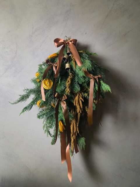 Fresh Door Swag Contemporary Xmas Swag, Front Foliage Decor, Dried Orange Ribbon Wreath, Christmas Foliage, Jingle Bells - image 1